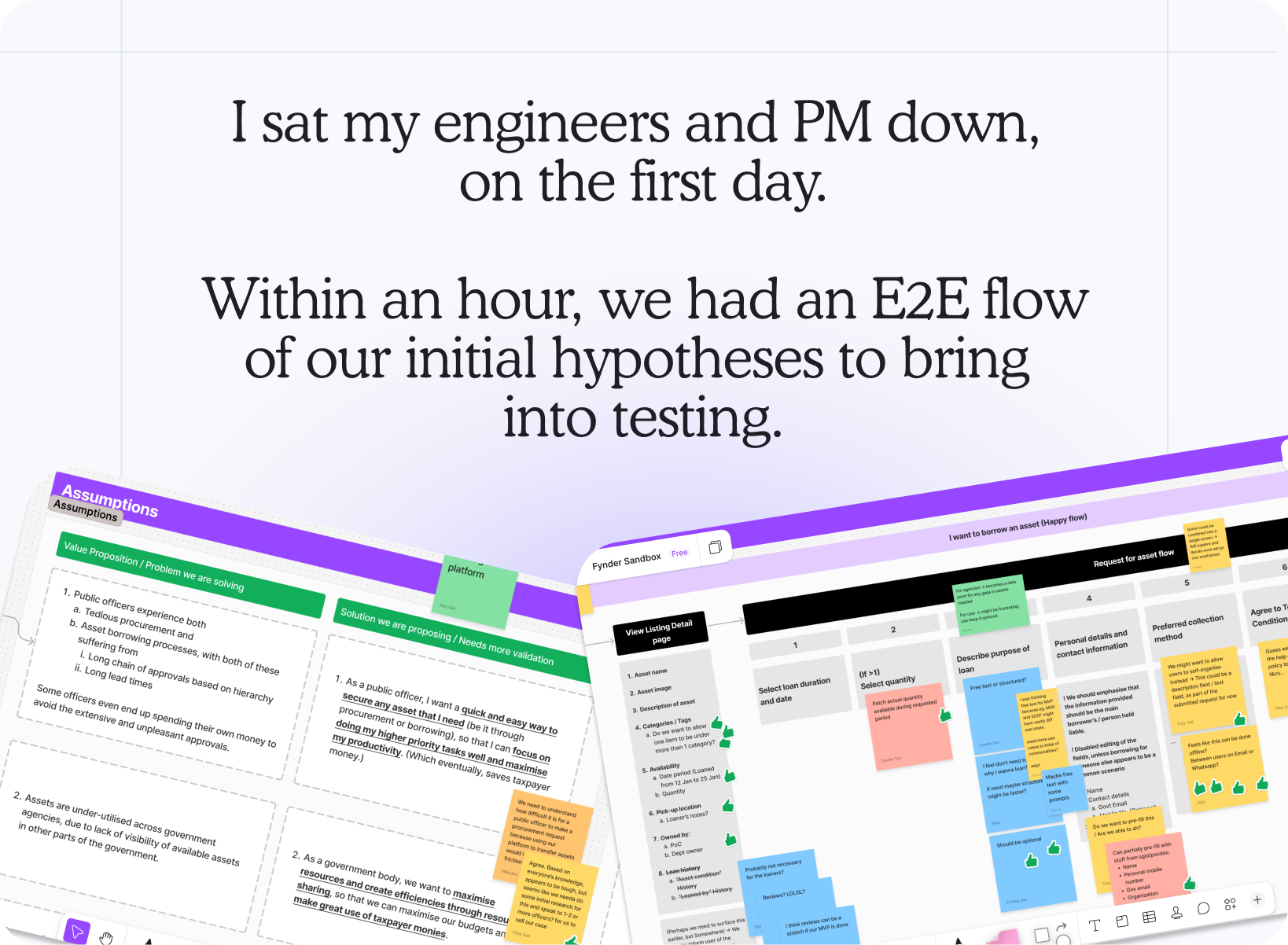 I sat my engineers and PM down, on the first day. Within an hour, we had an E2E flow of our initial hypotheses to bring into testing. Includes assumptions whiteboard and a FigJam flow of the happy-path loan request journey.